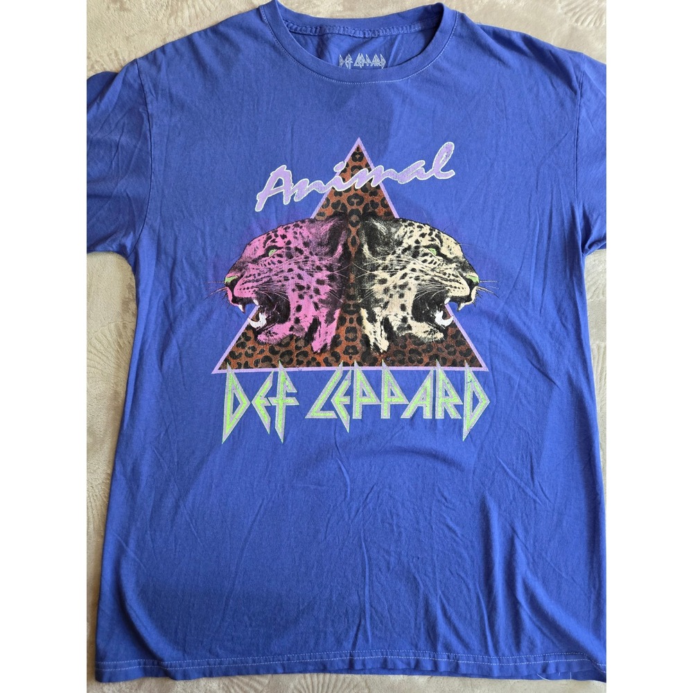 Def Leppard Animal Graphic T-Shirt Blue Large Leopard Print Rock Band Tee